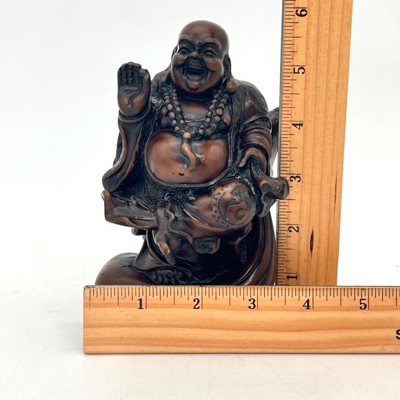 Laughing Buddha Figurine 6" Carved Solid Wood Dark Stain Chinese Script 1.5 lbs - Picture 12 of 14